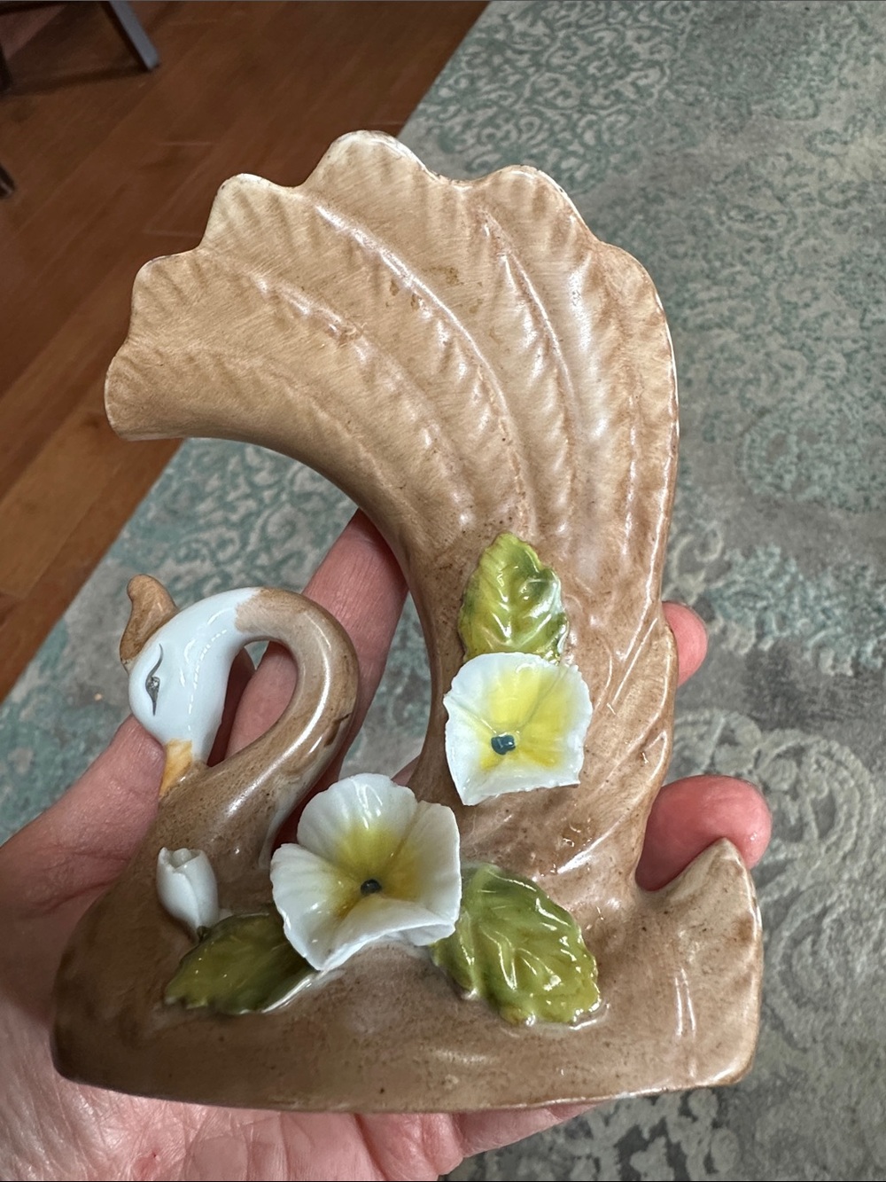 Vintage Ceramic Small Swan Vase with Yellow Floral Accents